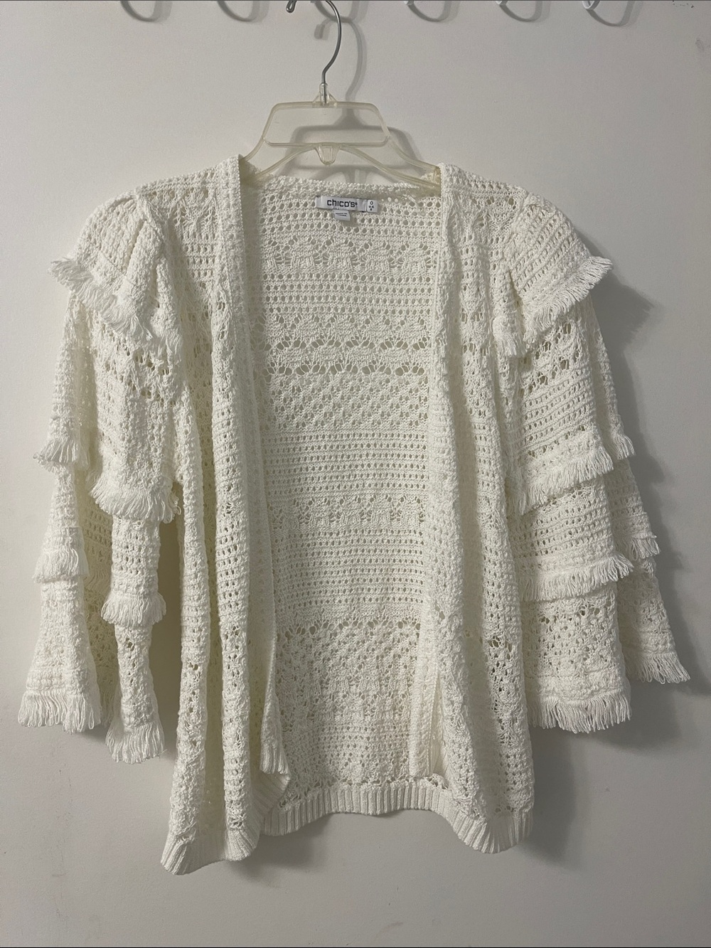 Chico's Ivory Open Crochet Fringe Cardigan